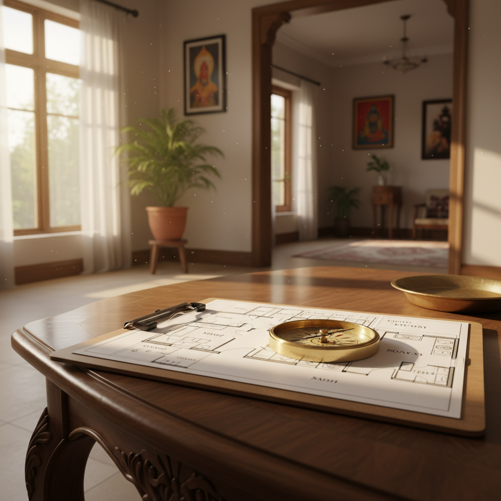 Vaastu consultation scene showing compass on floor plan to prepare home questions for an astrologer
