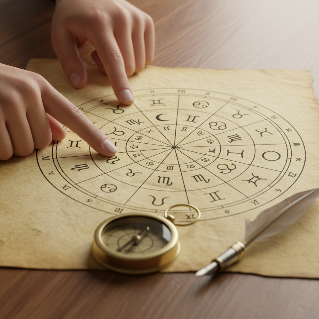 Close-up of hands pointing to a Vedic birth chart wheel to prepare what to ask an astrologer