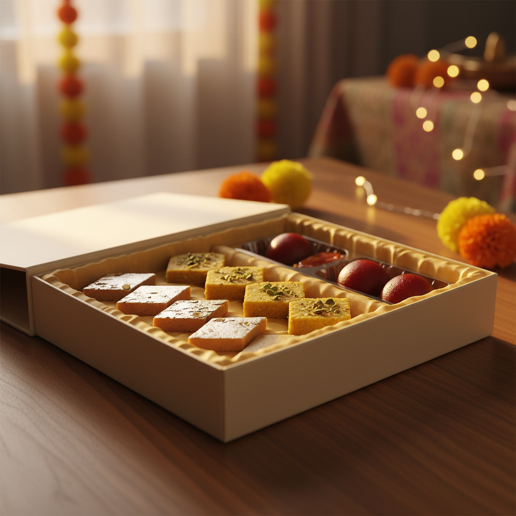 Gift-ready mithai box with cashew barfi, besan barfi, and gulab jamun arranged for festive gifting in Brampton