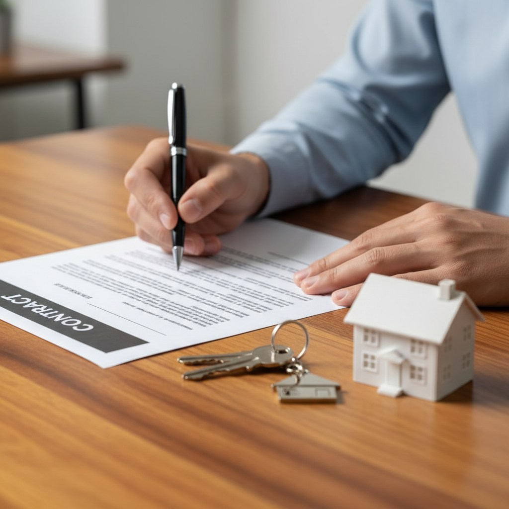 Signing a real estate contract as an alternative to paying realtor fees, close-up of hands with keys and model house