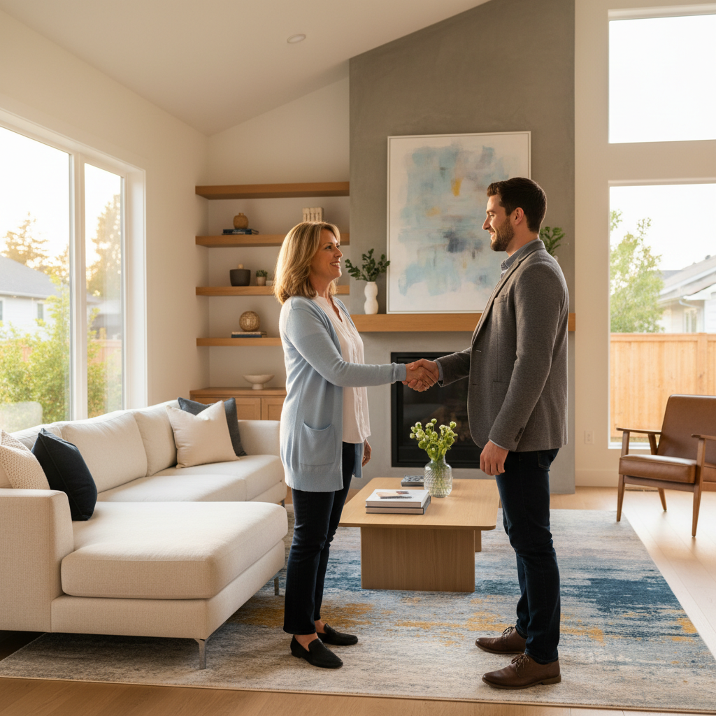 Home viewing without realtor fees, seller greeting buyer in a modern living room during an organized showing