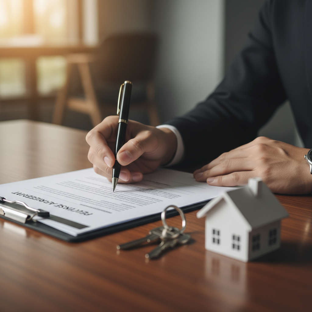Hands signing a purchase agreement with a real estate attorney near me; keys and model home visible on table for closing in Etobicoke