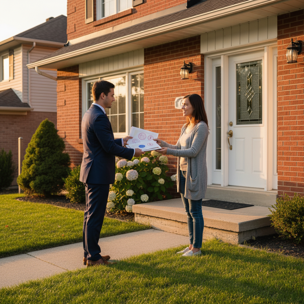 Etobicoke real estate lawyer handing registered documents to a homeowner after closing, suburban brick home scene