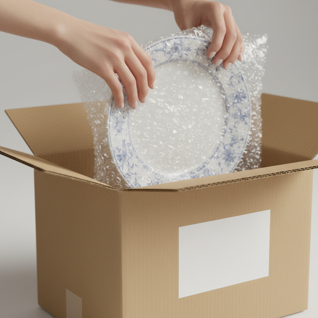 Close-up of careful packing for out-of-state movers using bubble wrap and labeled moving boxes