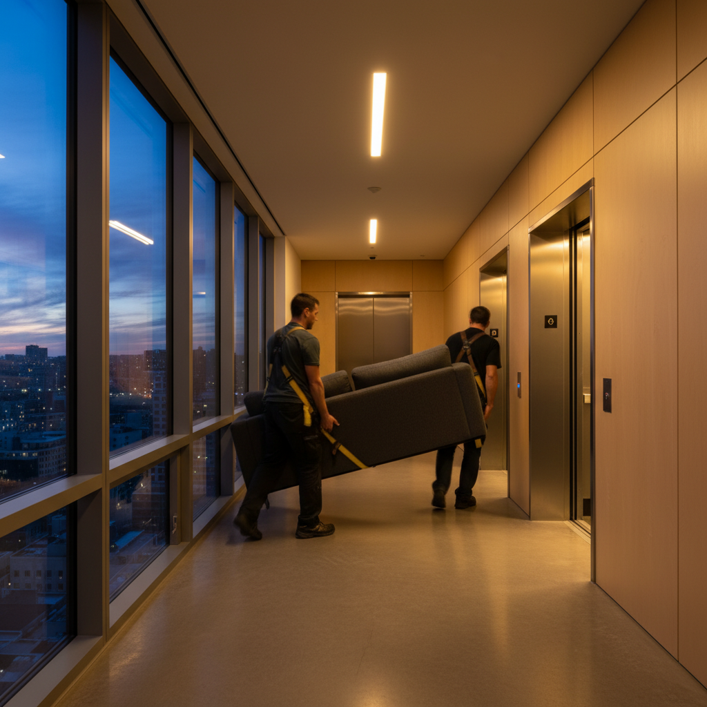Movers carrying a sofa through a high-rise hallway toward an elevator during a long-distance move