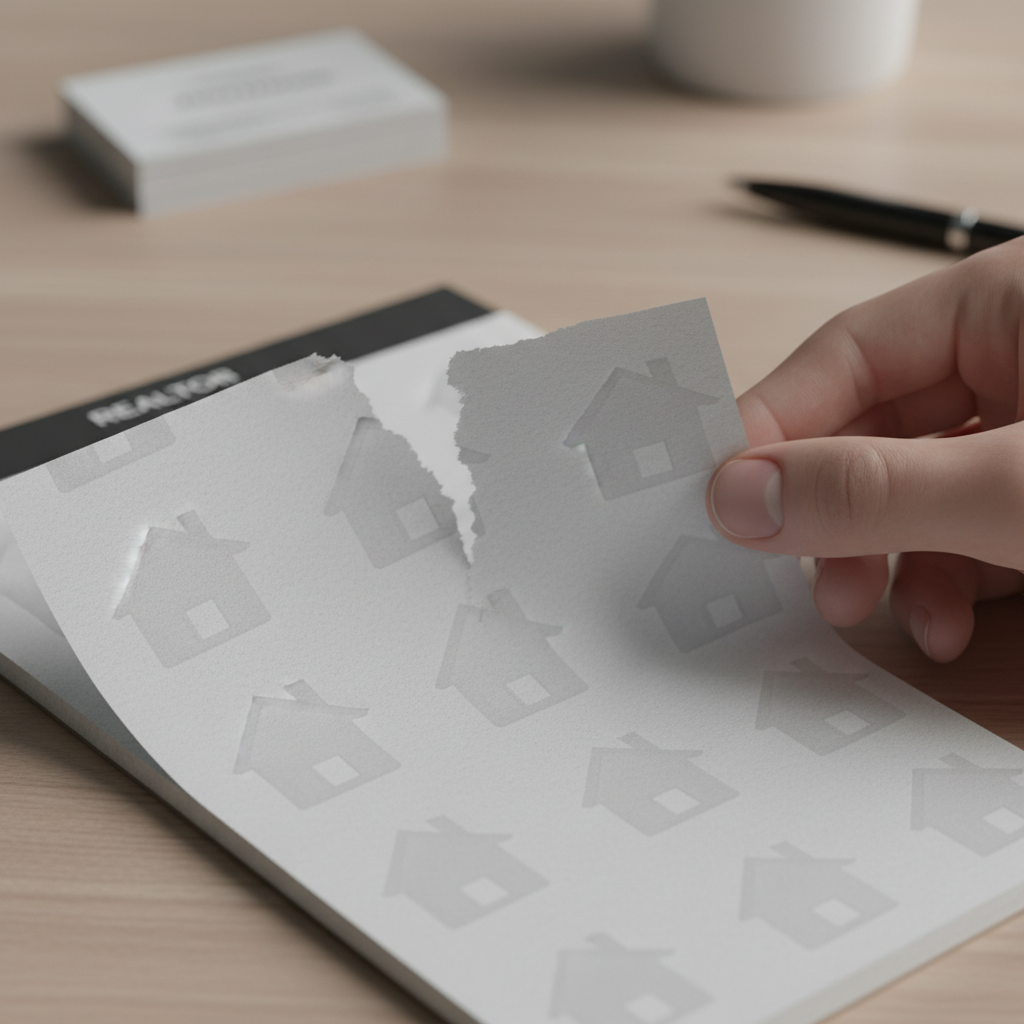 Close-up of a custom realtor notepad sheet tearing cleanly, showing premium paper texture for notepads for real estate marketing