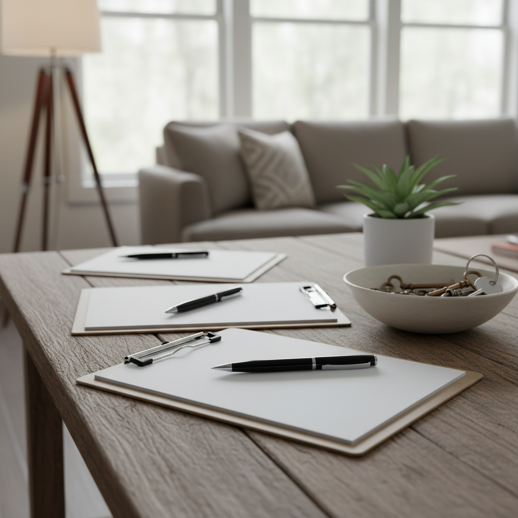 Open house welcome table with branded notepads, pens, and a sign-in clipboard, ideal for notepads for real estate marketing in Mississauga