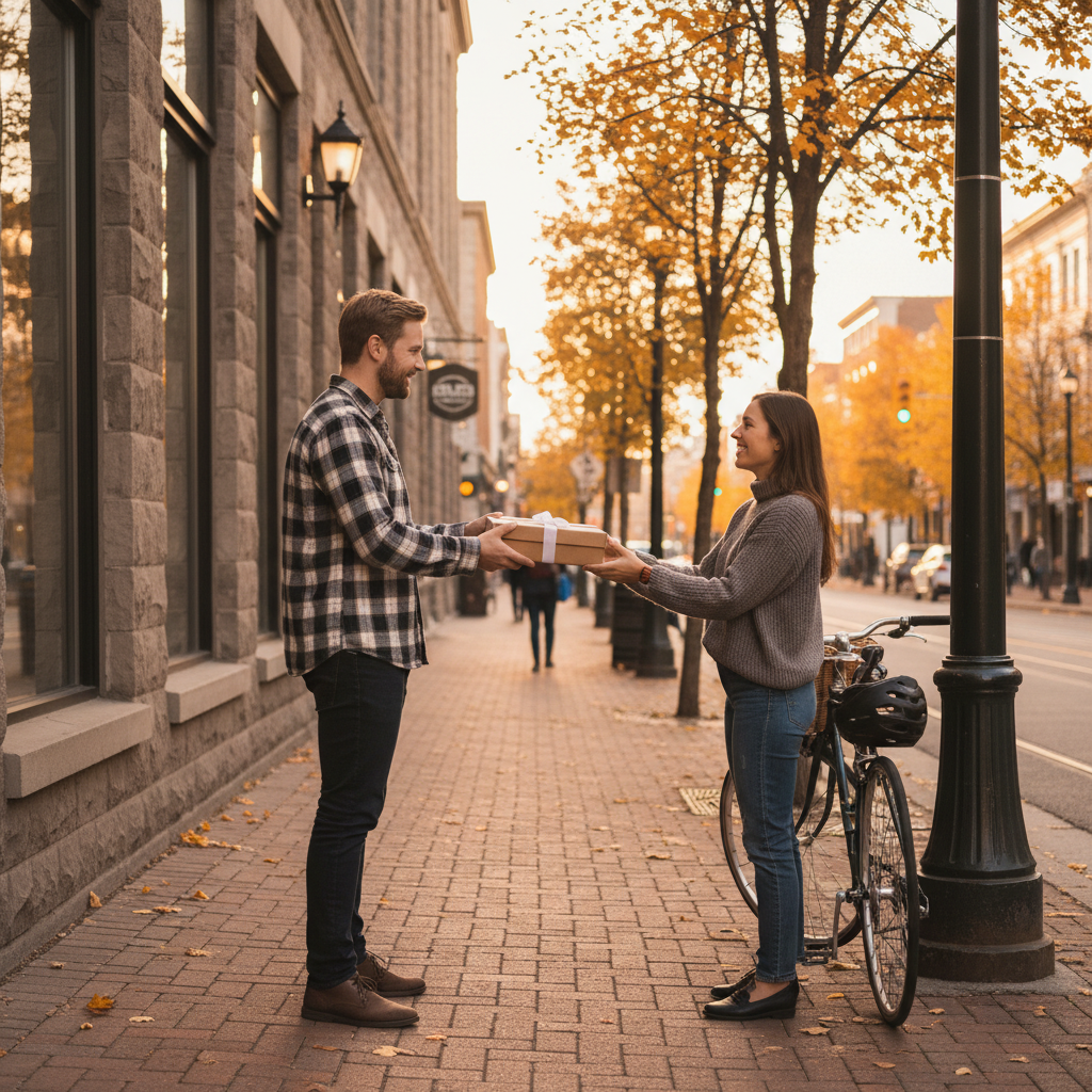 Safe item handoff for a buy and sell ca meetup in a public Canadian setting during golden hour