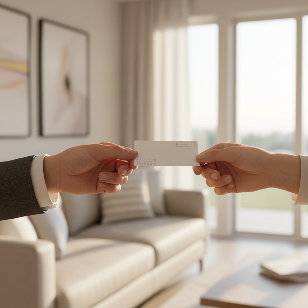 Realtor handing a custom business card to a homebuyer at an open house in Mississauga