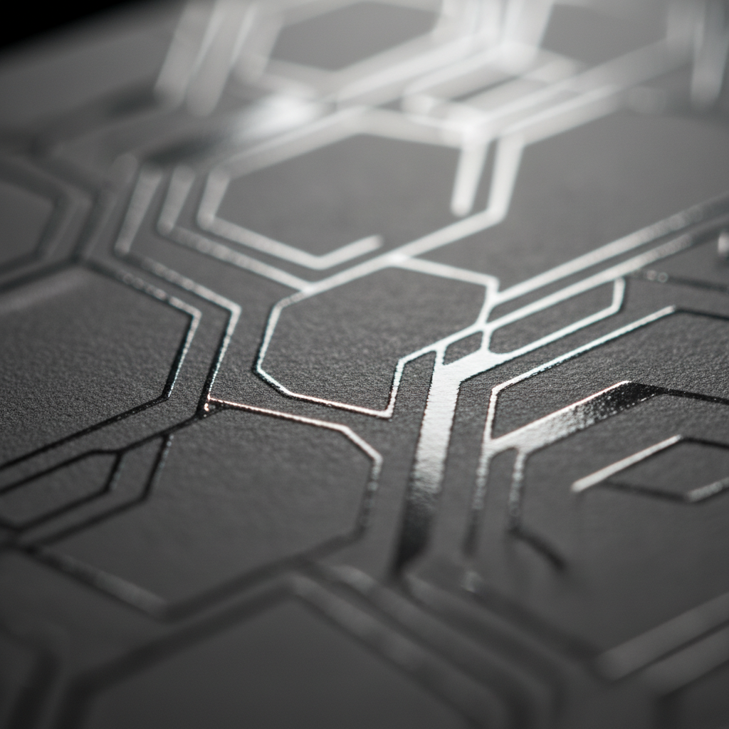 Close-up of raised spot UV texture on a soft-touch custom business card for realtors
