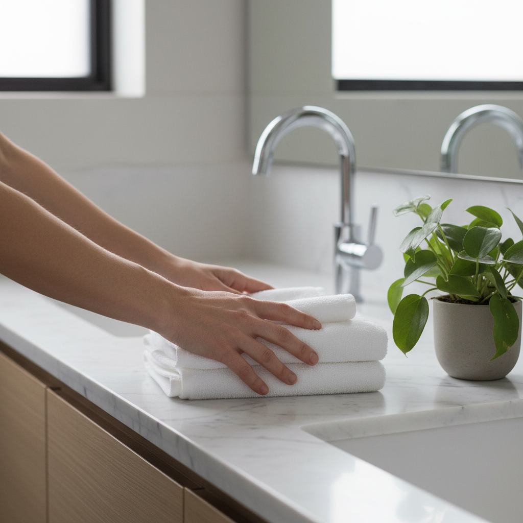 Close-up home staging details for a listing appointment: towels and greenery on vanity in Brampton