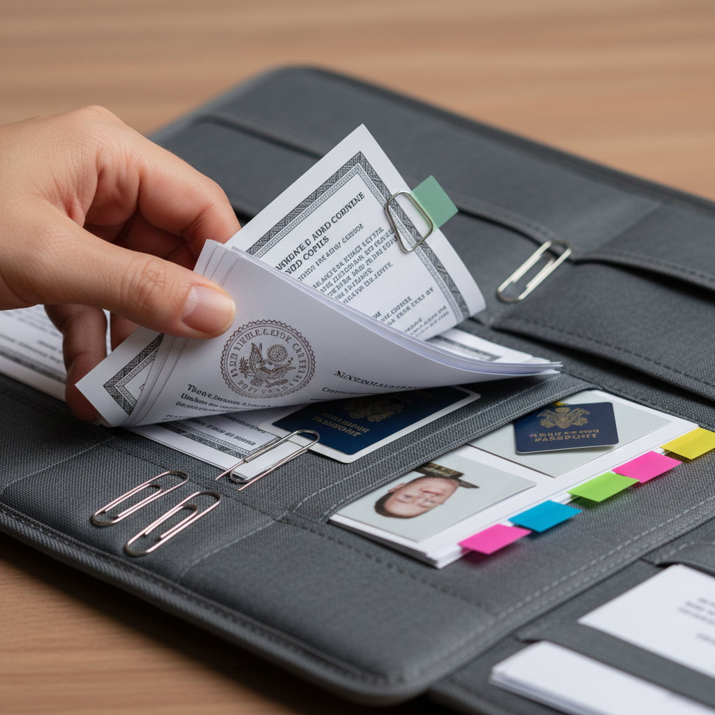 Close-up organizing Canada PR document checklist items like passport photos, police certificates, and ECA in a document organizer