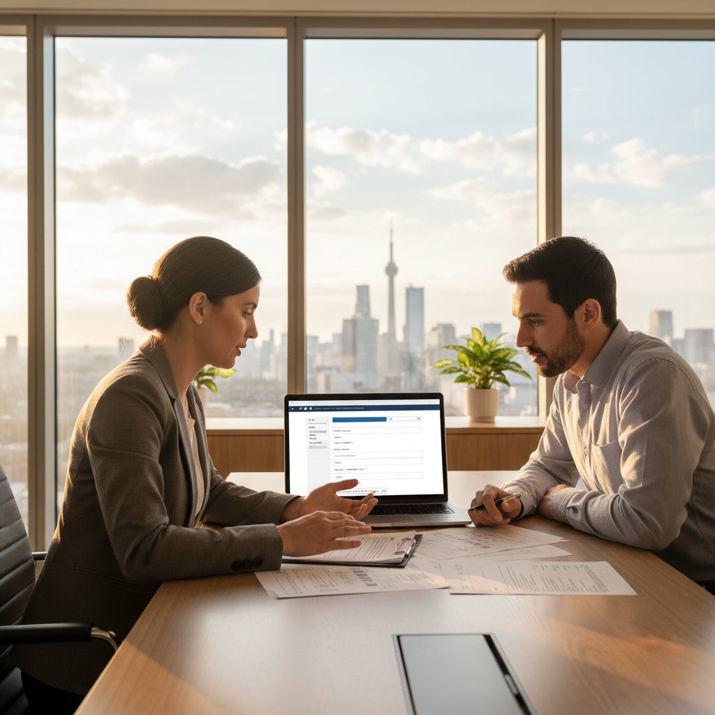 Mississauga immigration consultant and client reviewing Canada PR documents and forms in an office meeting