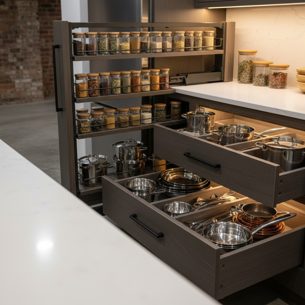 Basement Kitchen Design: Save Space and Add Value in 2026 1 Close-up of pull-out pantry and soft-close drawers in a basement kitchenette, organized spices and cookware, quartz edge and undercabinet lighting visible