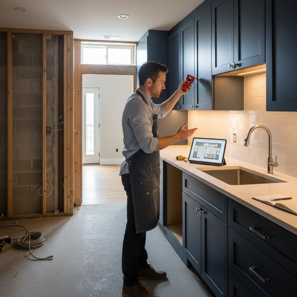 Basement Kitchen Design: Save Space and Add Value in 2026 2 Designer measuring a basement kitchen wall with a laser while reviewing a 3D plan on a tablet; cabinetry installed with warm task lighting