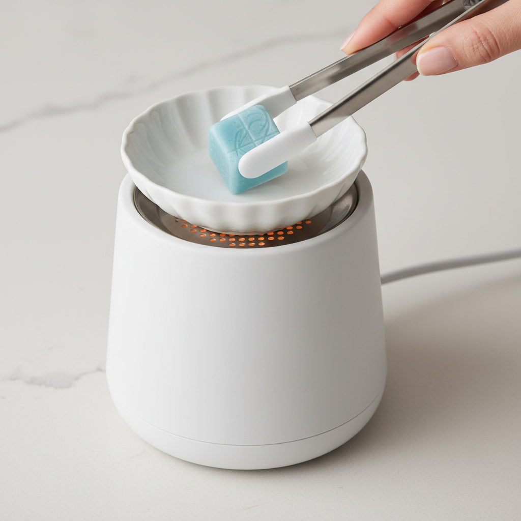 Close-up of placing a wax melt cube into a ceramic warmer dish using silicone tongs for safe, clean handling