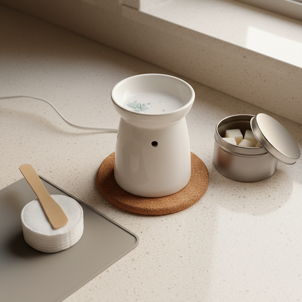 Top-down safety setup: unplugged wax warmer cooling on a trivet with cotton pads and a wooden spatula for easy, clean wax removal