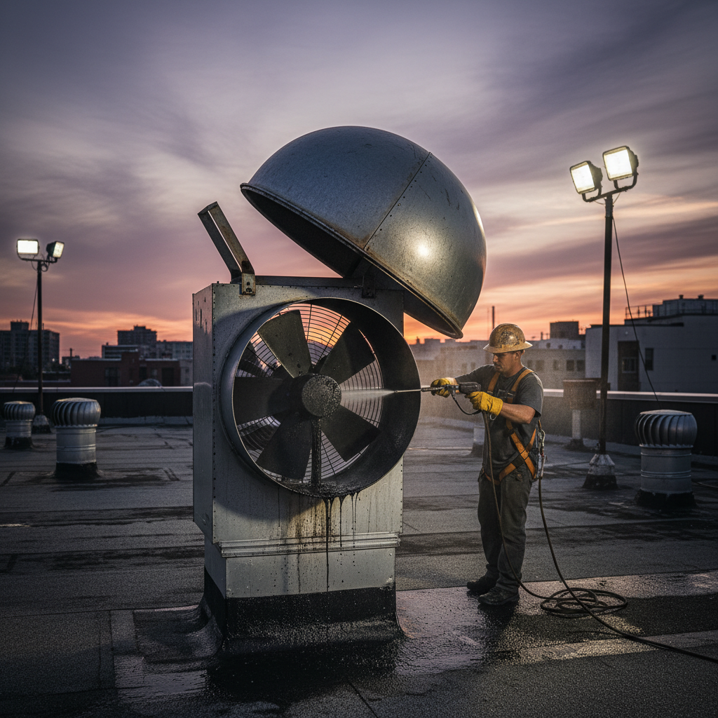 Rooftop upblast exhaust fan cleaning with hinge kit during Ontario kitchen hood maintenance