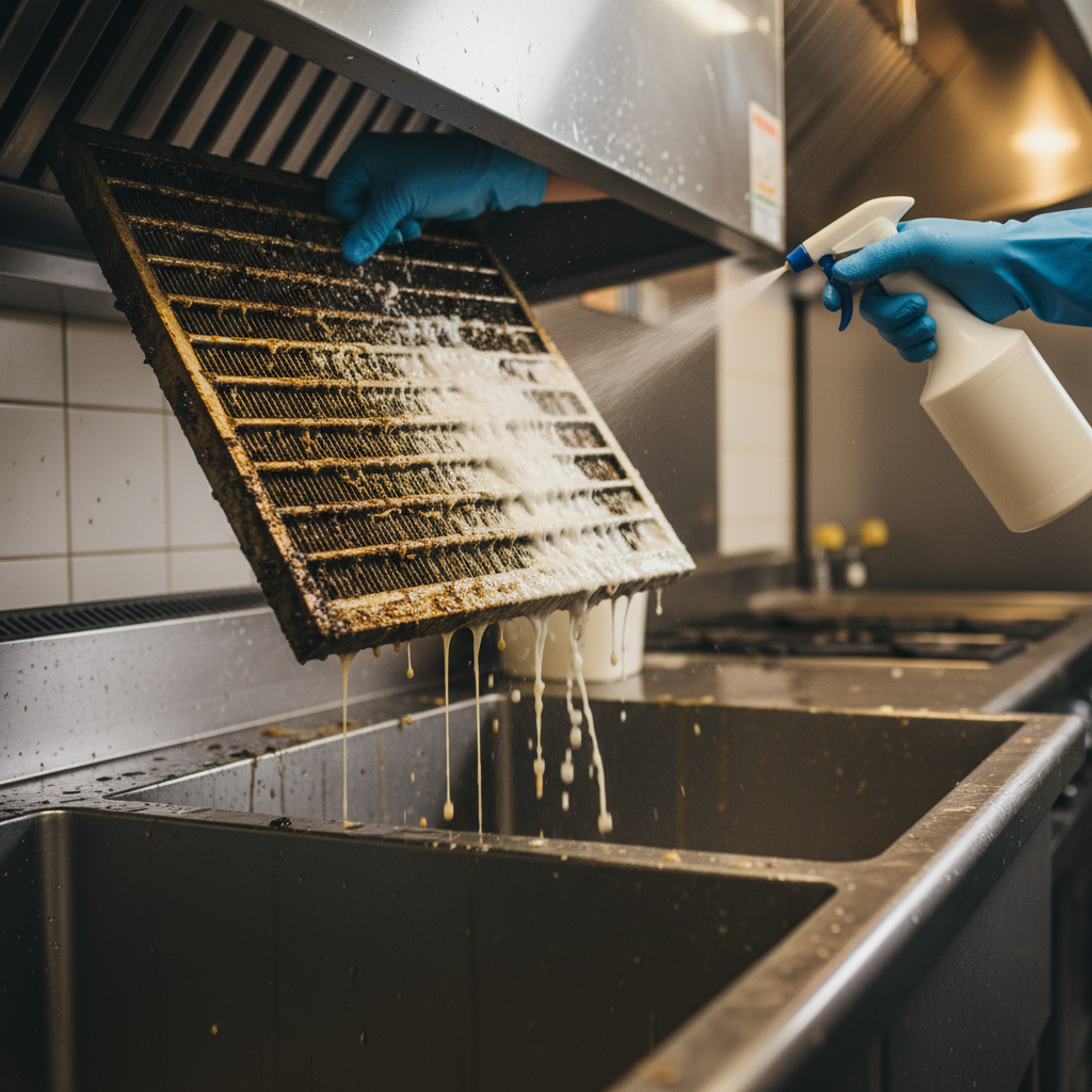 Close-up of greasy baffle filter being degreased during kitchen exhaust hood cleaning