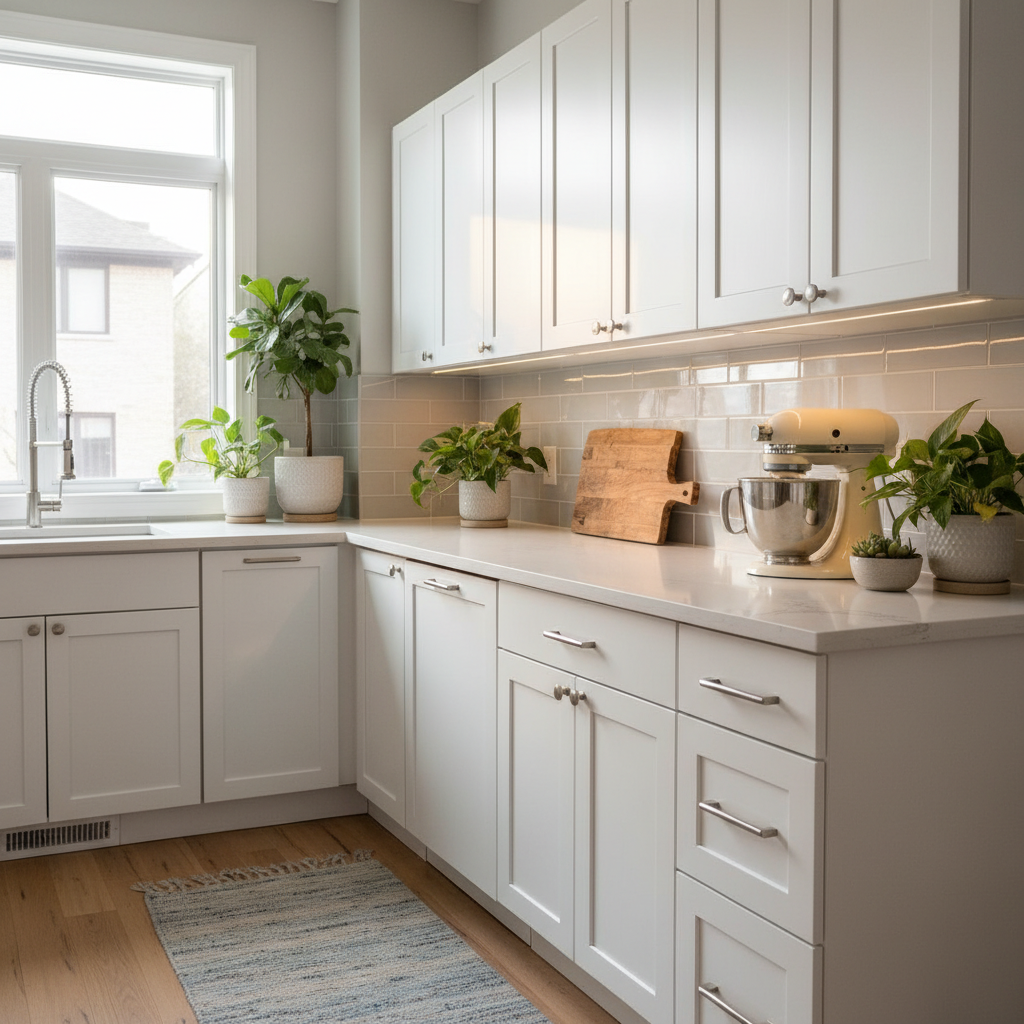 Finished white shaker kitchen after professional cabinet painting in Toronto