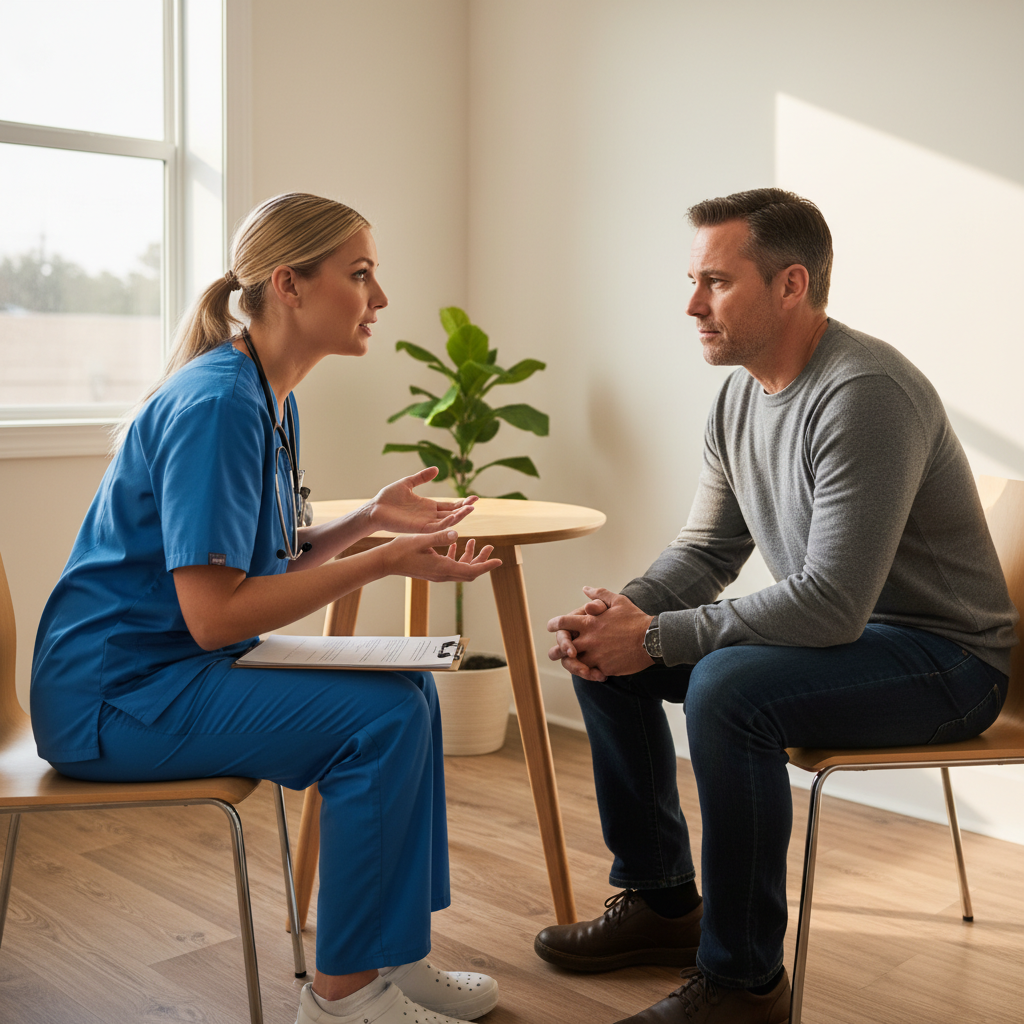 Nurse providing confidential outpatient support for alcohol recovery in an Ontario clinic