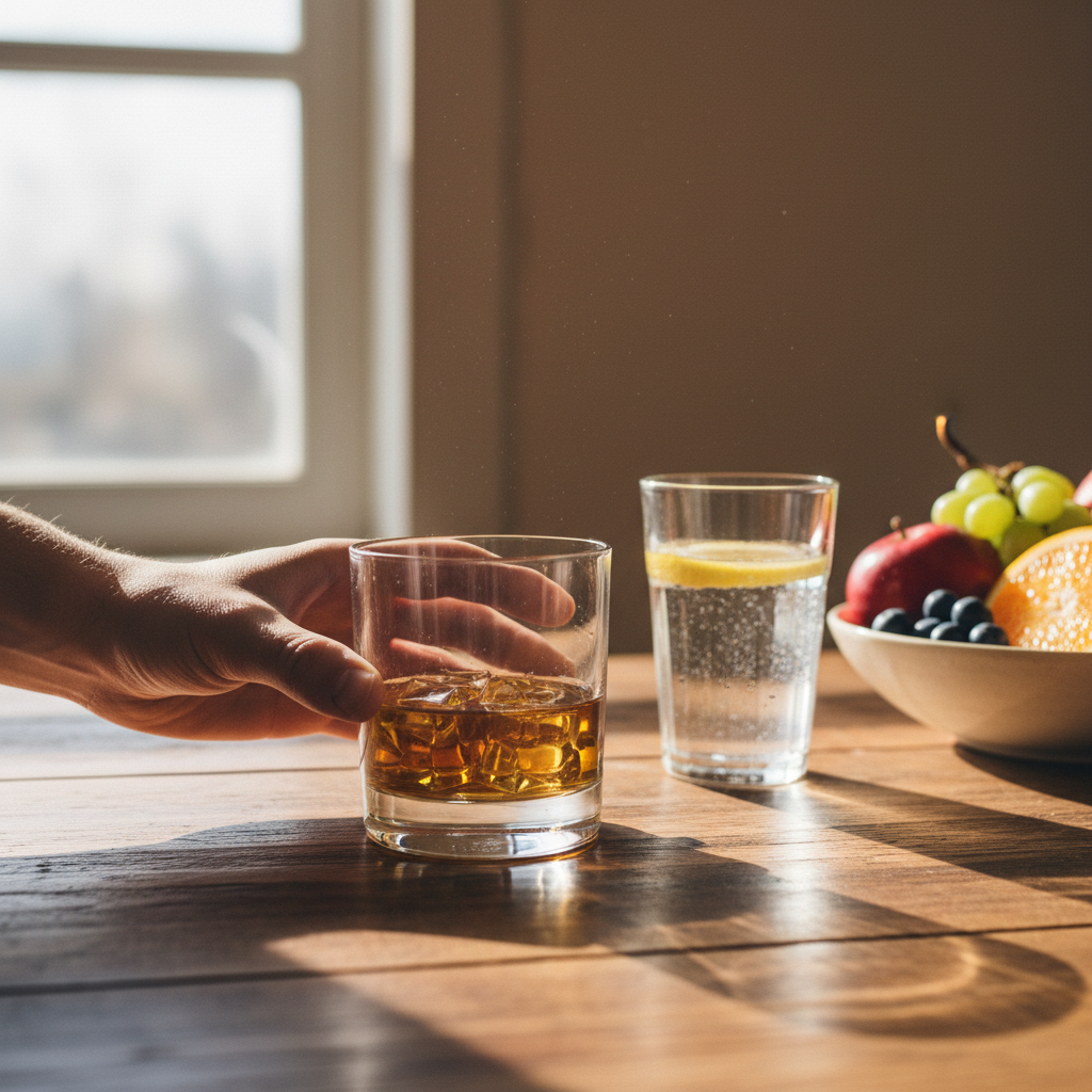 Close-up of someone pushing away a whiskey glass, symbolizing taking first steps to address drinking addiction in Ontario
