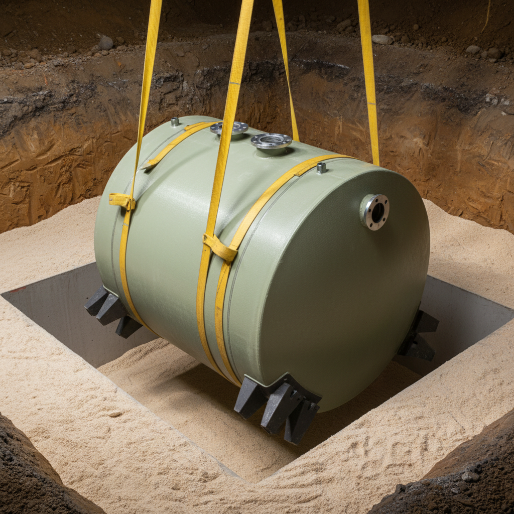 Underground storage tank installation for gasoline station construction in Texas with fiberglass tank, crane straps, bedding sand, and anti-buoyancy anchors