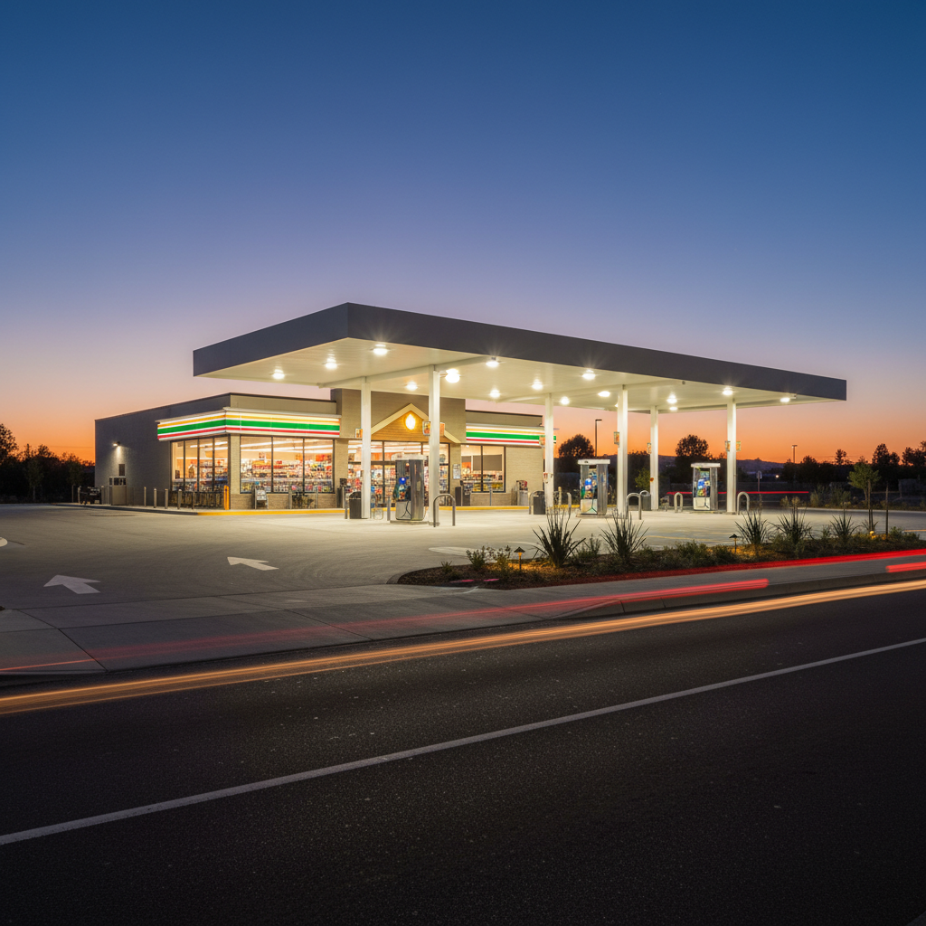 Finished Texas convenience store and fuel canopy at dusk with clear traffic flow markings and LED canopy lighting