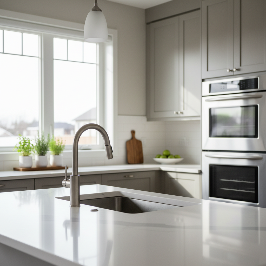 Modern Edmonton kitchen close-up with quartz countertops and stainless appliances in a North Edmonton home for sale