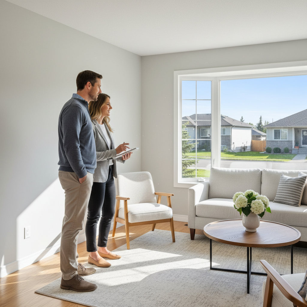 Couple touring a North Edmonton open house with an agent, evaluating layout and finishes