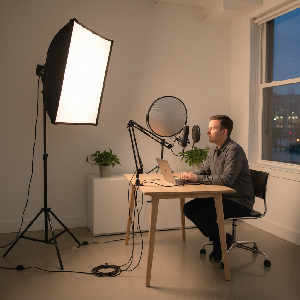 Side-angle small studio setup with softbox lighting for YouTube video production