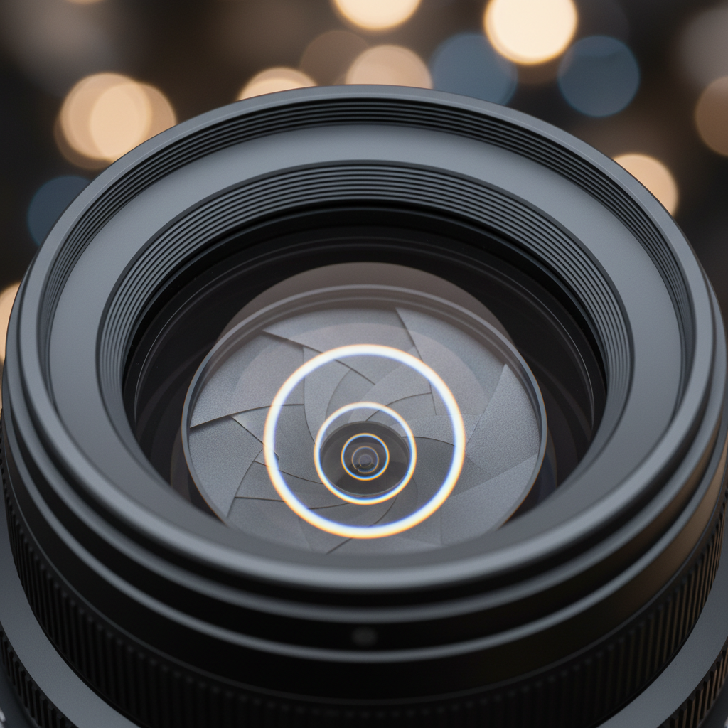 Close-up camera lens detail symbolizing YouTube SEO focus on CTR and watch time