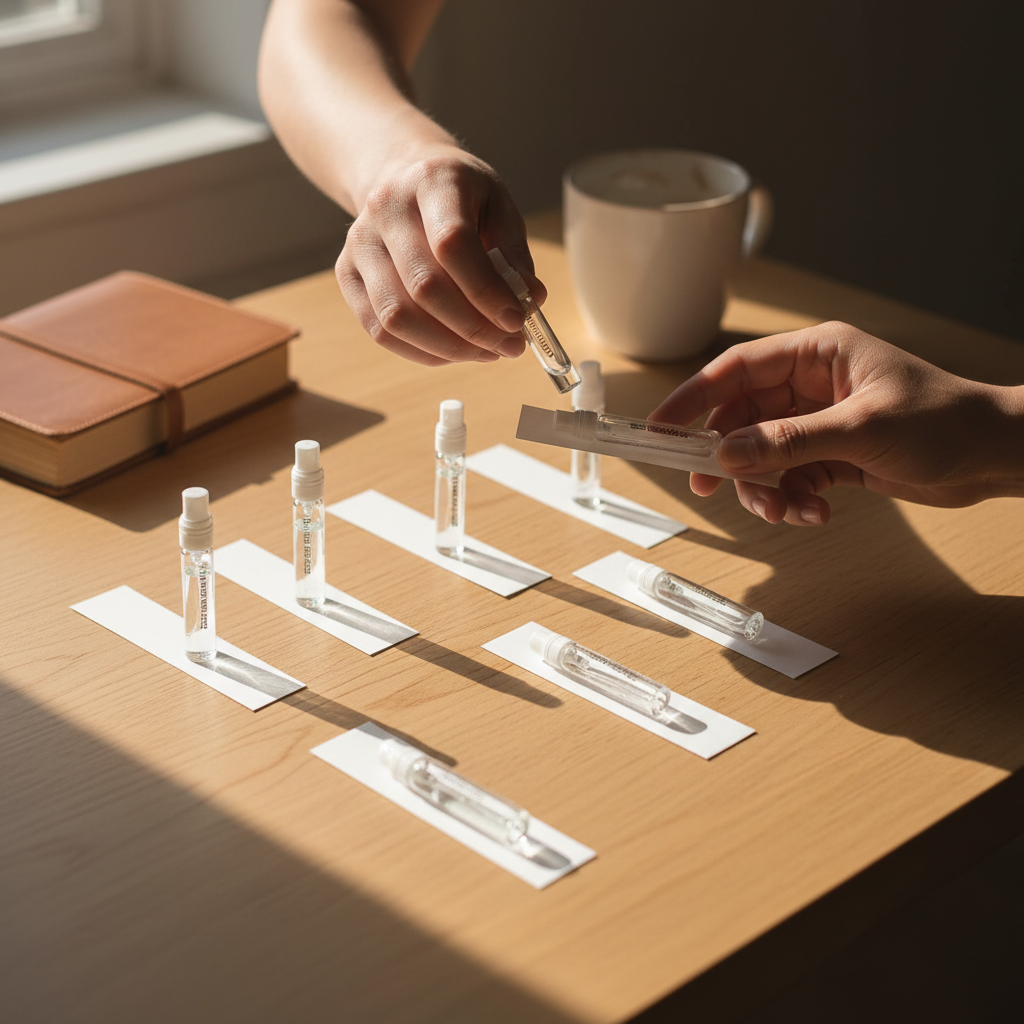 Top-down view of a gender-neutral fragrance discovery set with sample vials and blotter cards for testing unisex scents at home