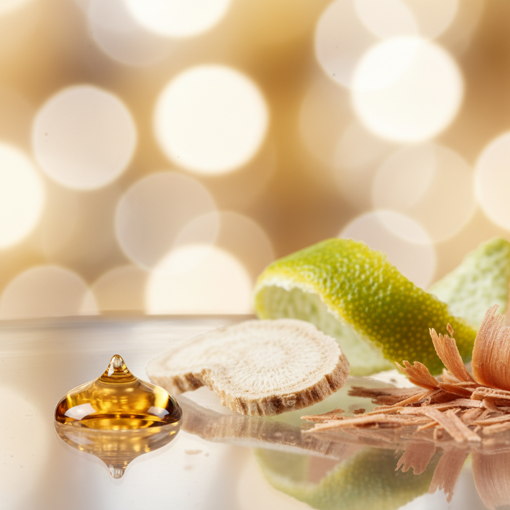 Close-up of golden fragrance oil droplet with bergamot peel, orris root, and cedar—illustrating unisex perfume note balance for longevity