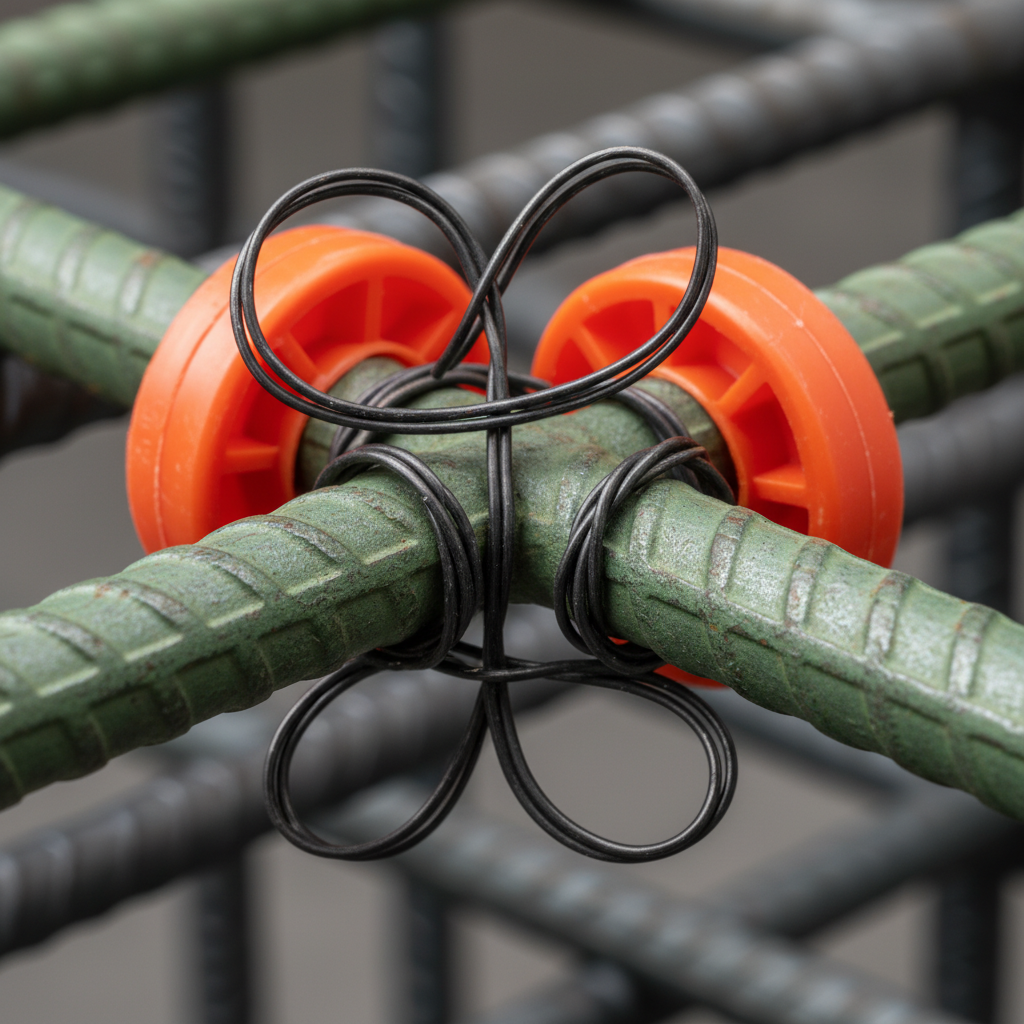 Close-up of tie wire on a rebar cage intersection with epoxy-coated and black steel bars, showing correct spacer and clear cover practice