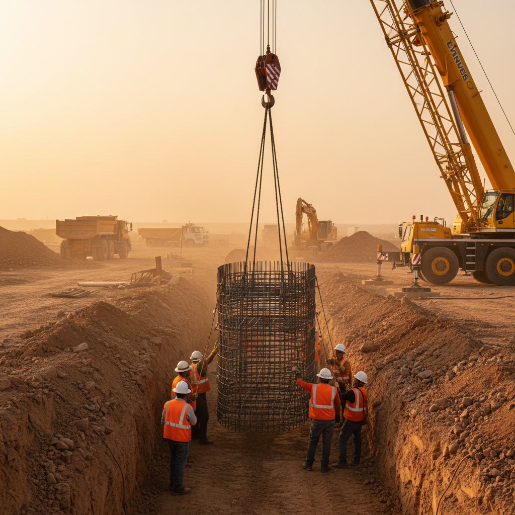 Side-angle view of a large rebar cage being guided by tag lines into a footing trench at a construction site with a crane pick