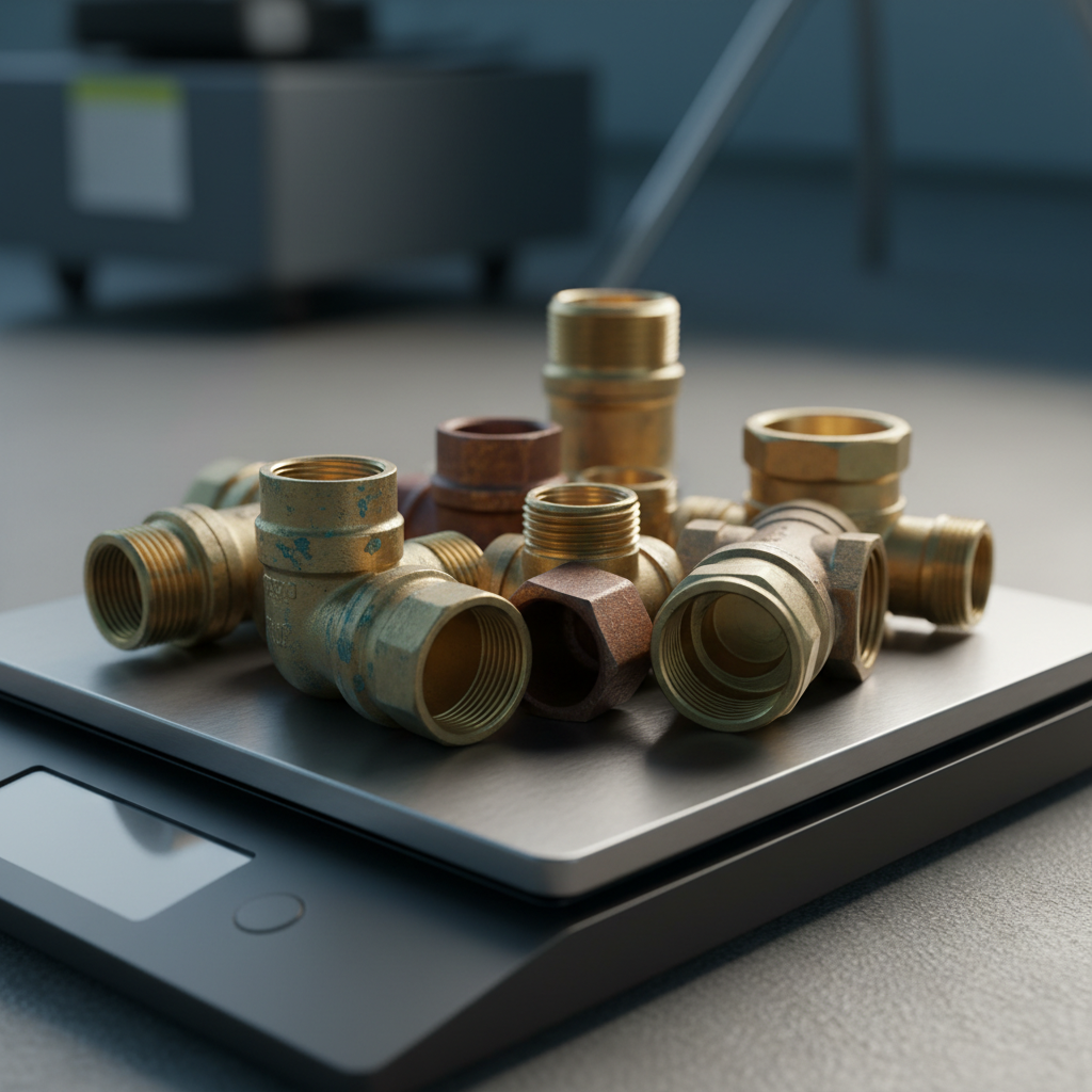 Close-up of mixed yellow and red brass fittings on a scale to illustrate brass scrap value grading and prep
