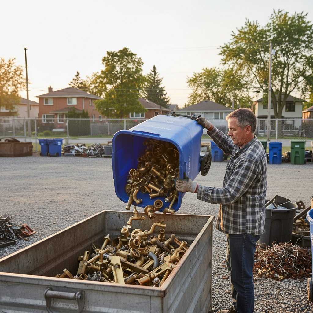 Homeowner unloading brass faucets and door hardware at an Etobicoke scrap yard drop-off area