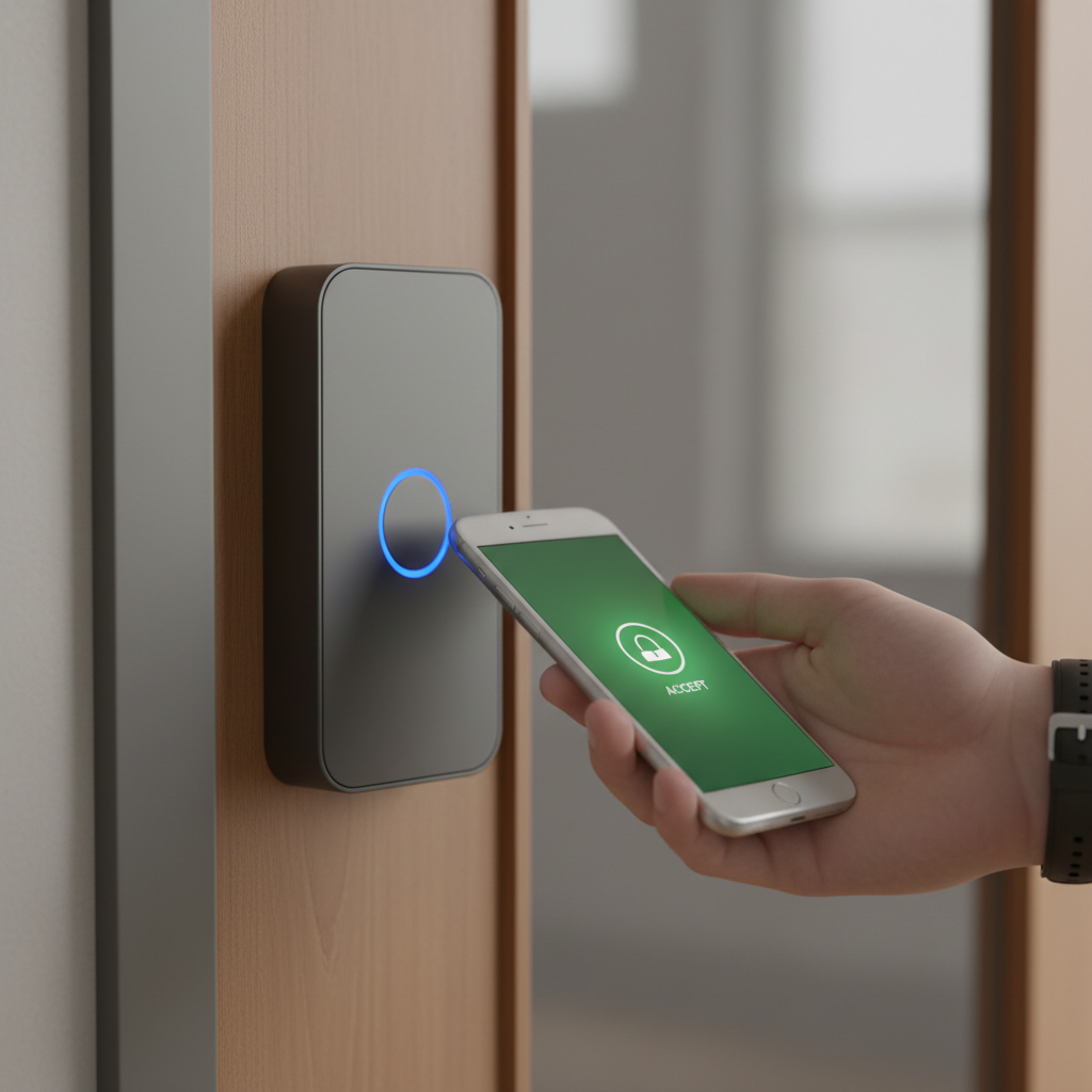 Close-up of modern RFID access reader with mobile credential tap for access control in Tennessee facility