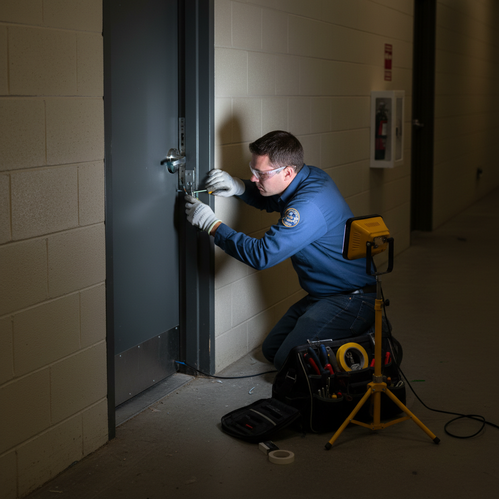 Licensed electrician installing electronic door strike for commercial access control in Tennessee corridor