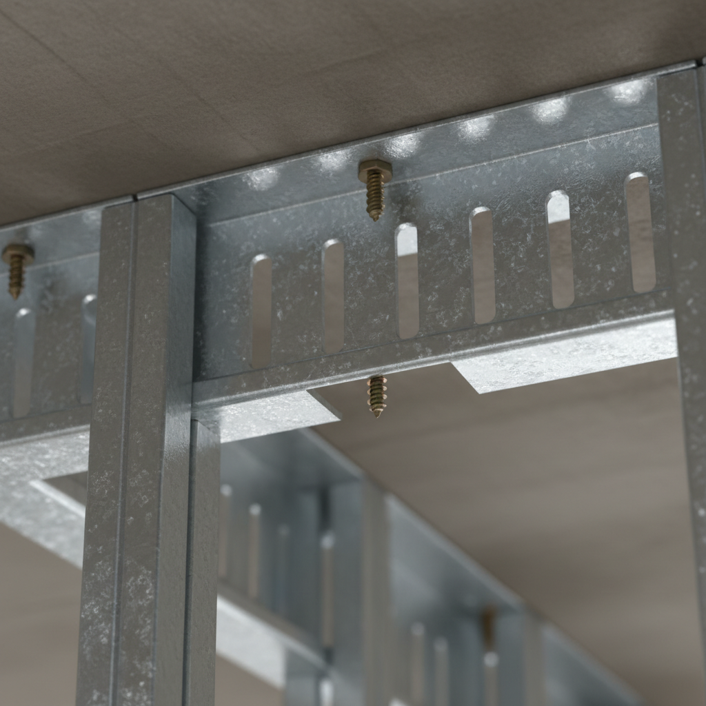 Close-up of slotted deflection track at the head of a steel stud wall showing gap for movement and galvanized finish