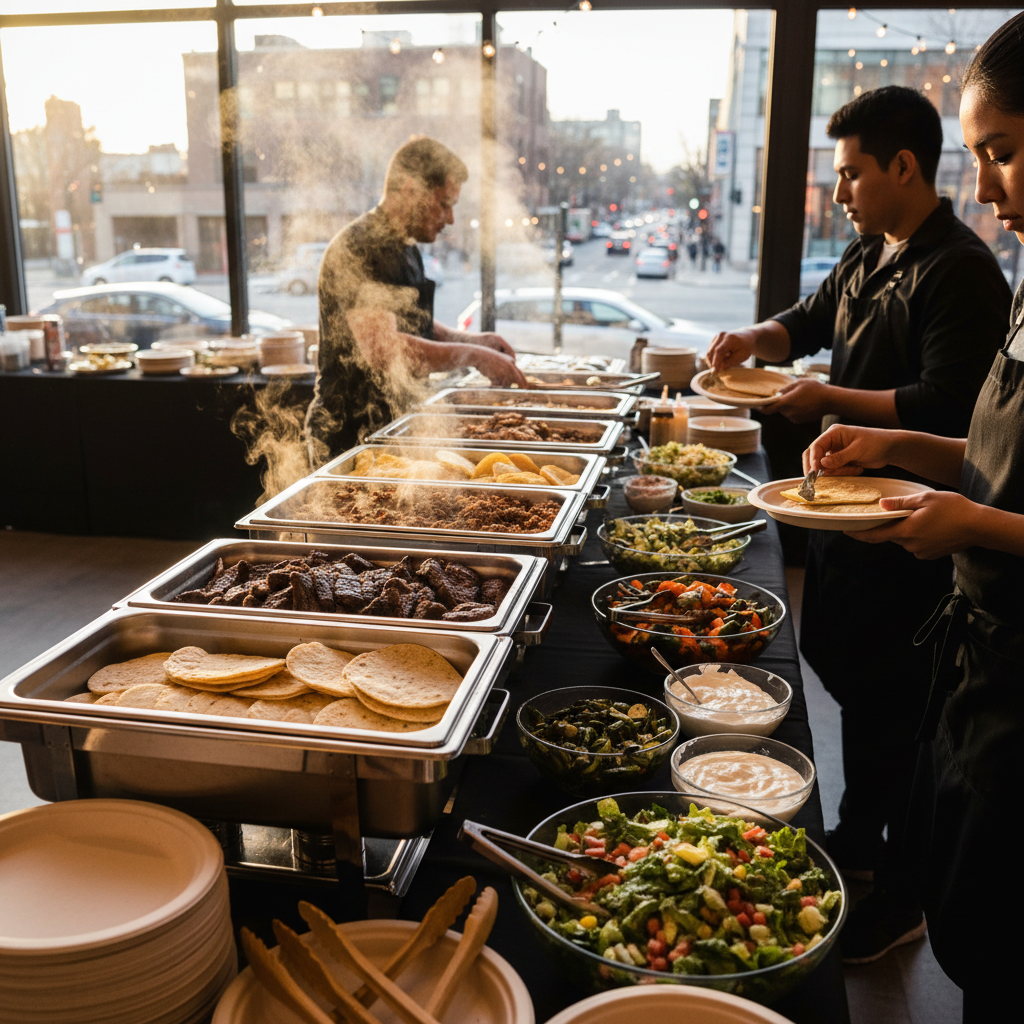 Catering team setting a Mexican buffet line with chafing dishes and eco-friendly plates in Toronto