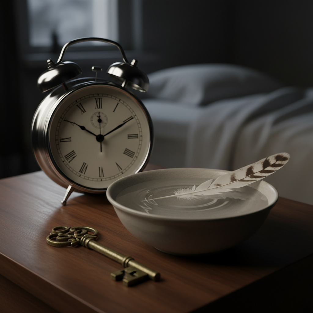 Close-up of dream symbolism objects (key, feather, water, clock) for dream analysis common symbols