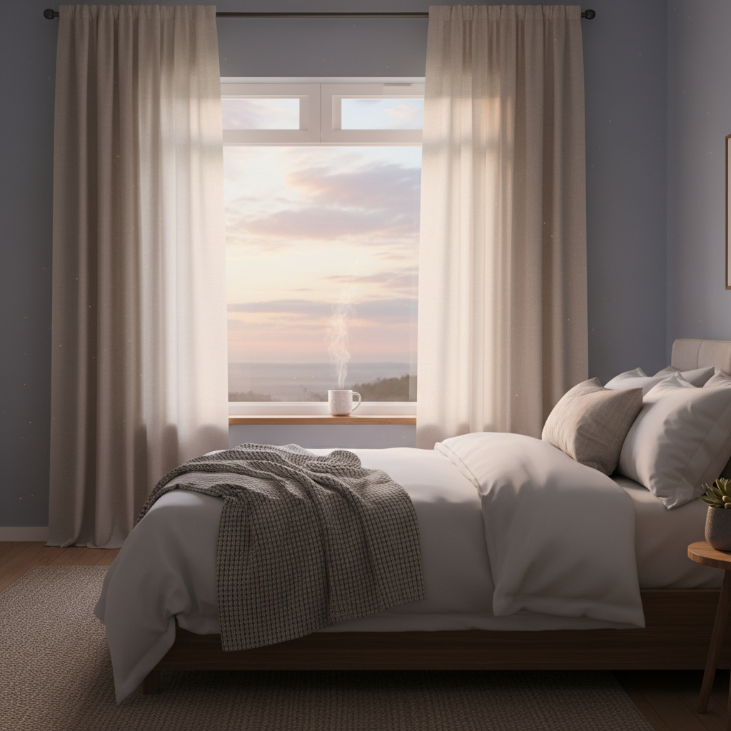Morning light in a calm bedroom hinting at post-dream reflection and journaling for dream analysis