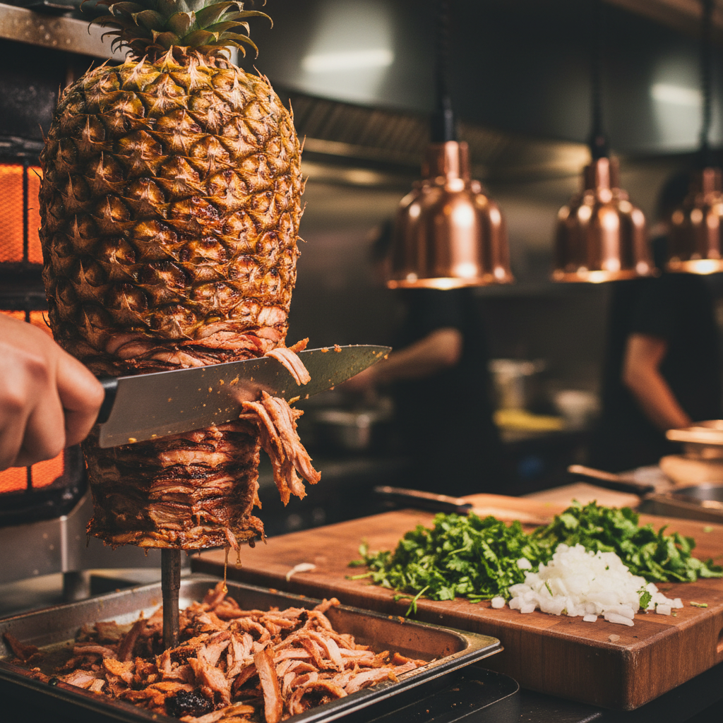 Close-up of al pastor on trompo for Mexican grill catering in Toronto with pineapple, cilantro, and onions