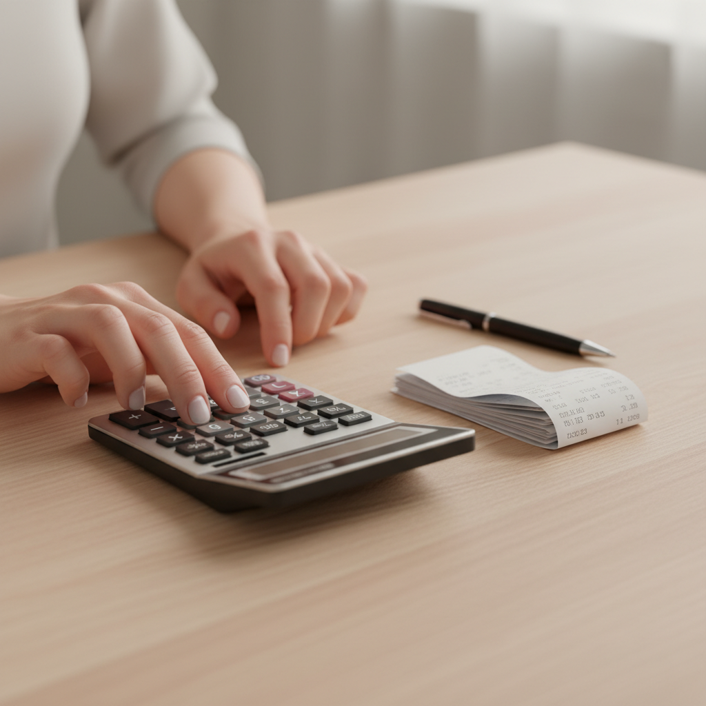 Close-up of hands using a calculator to organize small business finances and receipts