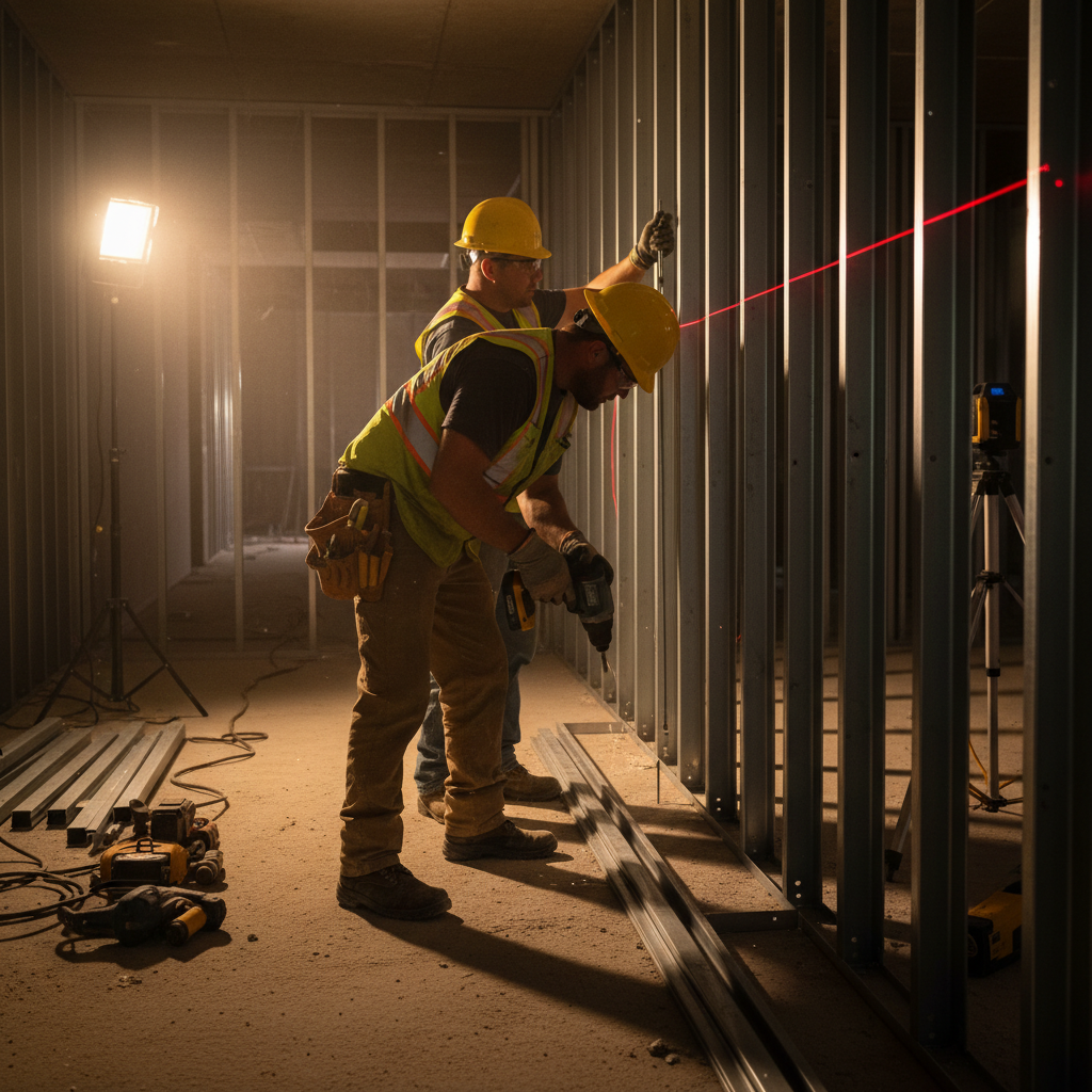 Crew installing steel studs along a corridor using a laser level and PPE, aligning a stud wall for straightness