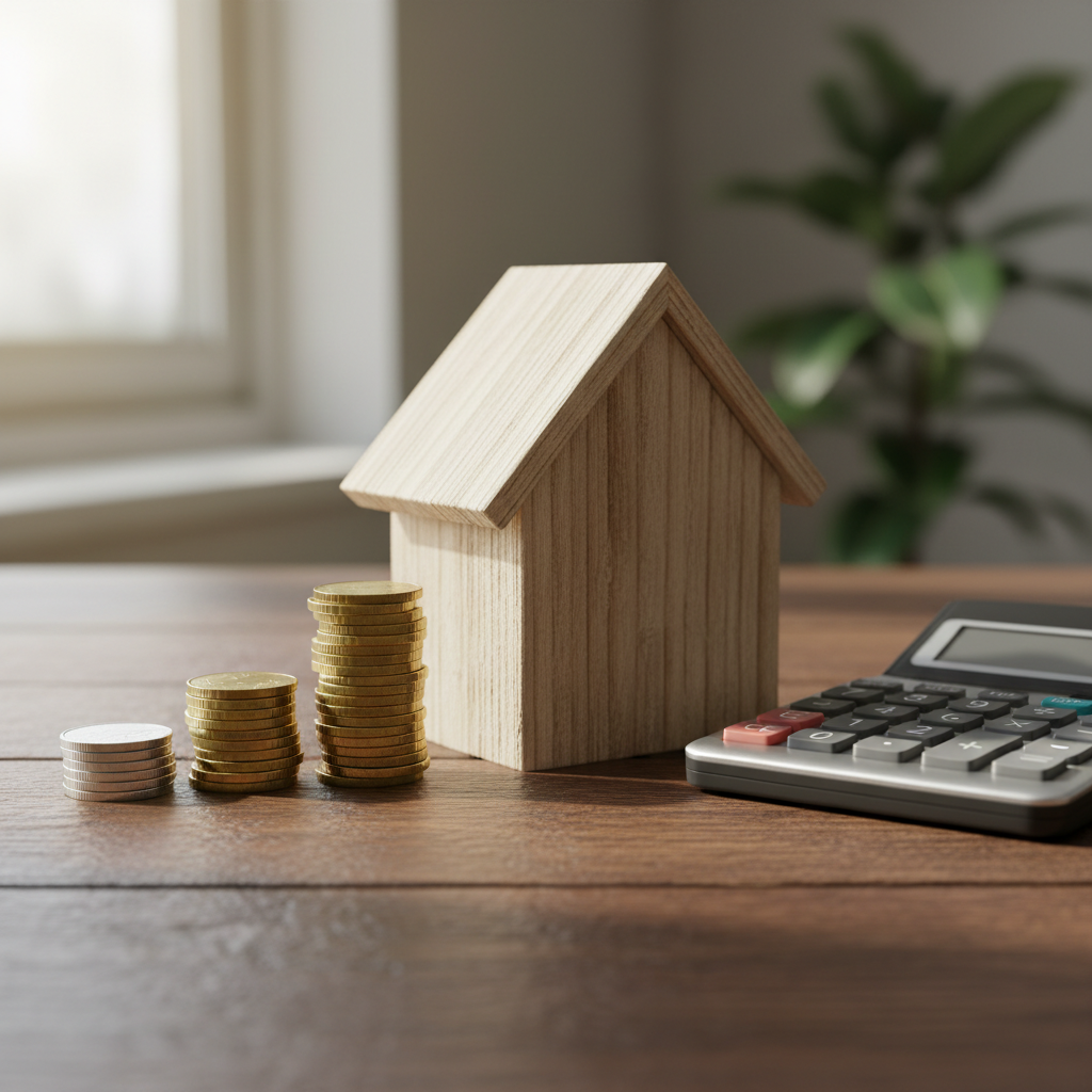 Home equity visual: wooden house, stacks of coins, and calculator illustrating cash-out refinance planning