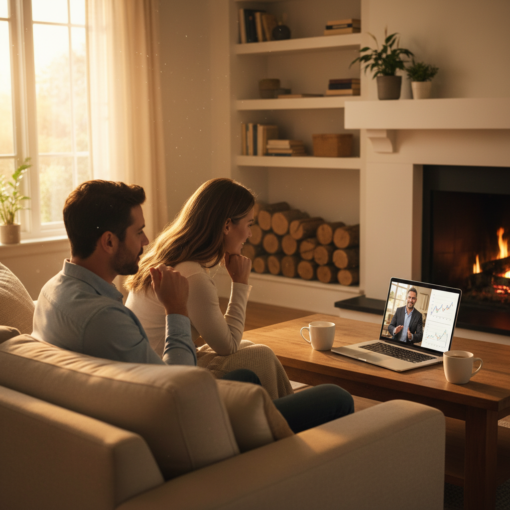 Mortgage broker video call demonstration: couple discussing cash-out refinance options on a laptop at home