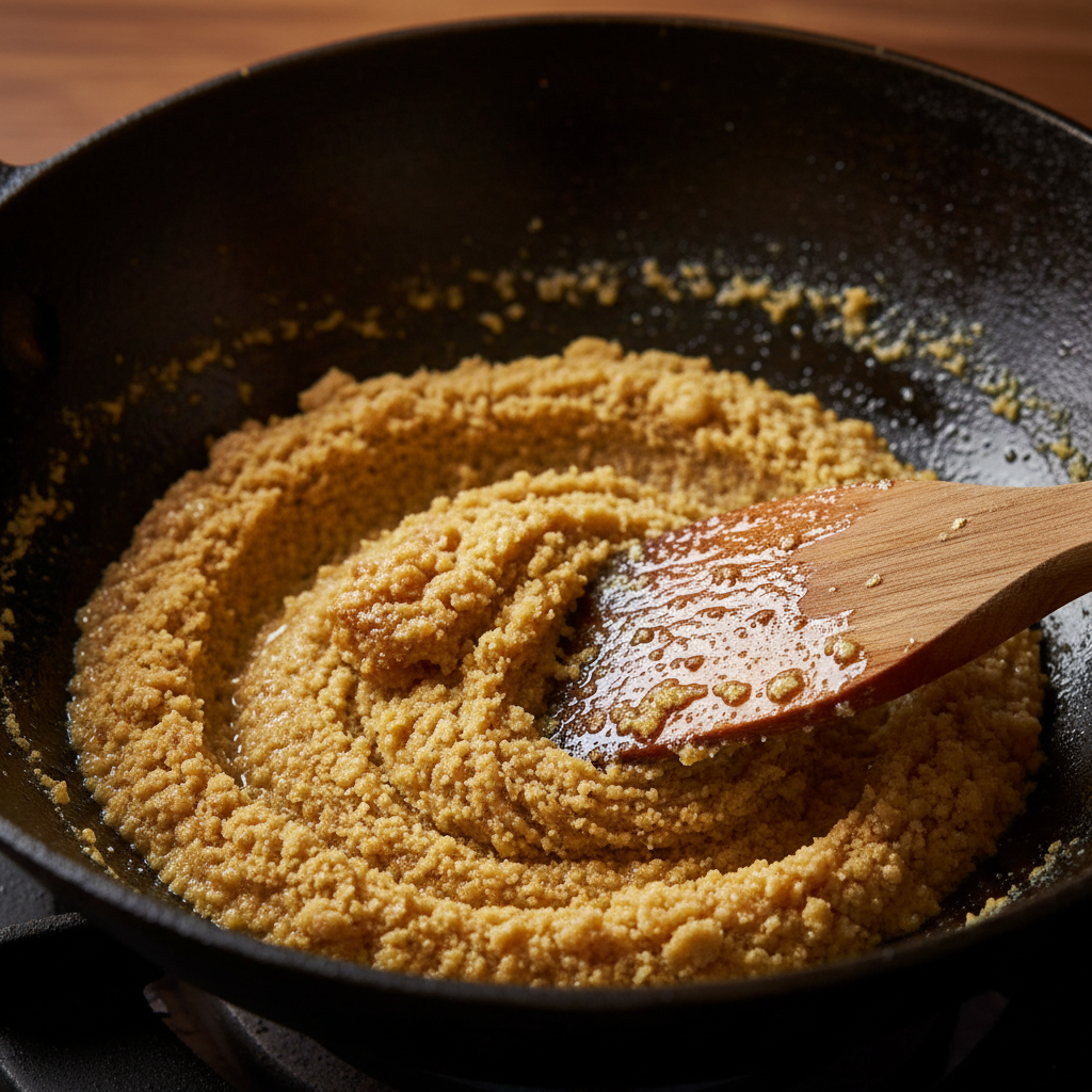 Close-up of besan roasting in pure desi ghee for besan barfi, showing golden toasted crumbs in a heavy kadai